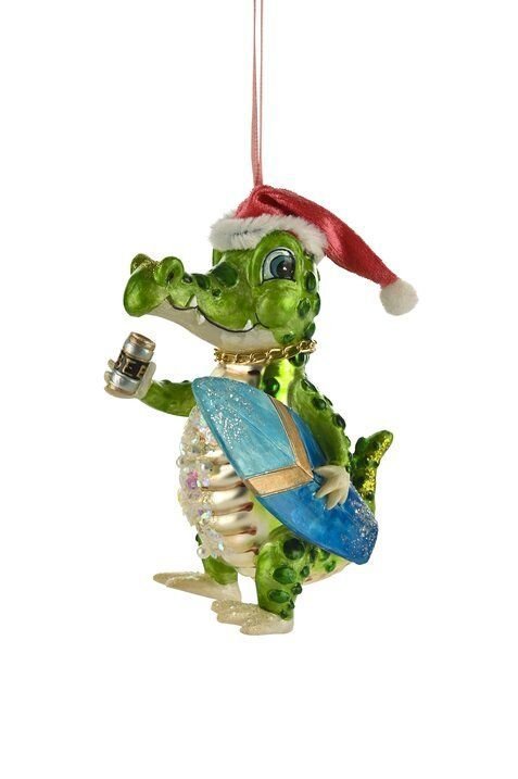 Krokodil mit Surfbrett  Weihnachtsbaumfigur aus Glas