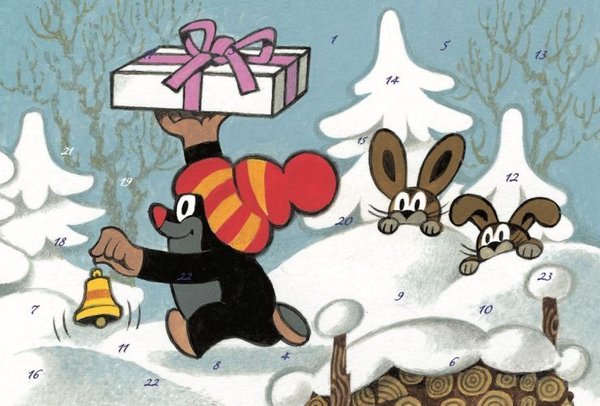 Maulwurf mit Geschenken und Hasen Adventskalenderkarte