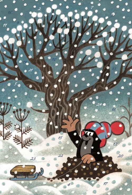Maulwurf mit Schlitten im Schnee Adventskalenderkarte