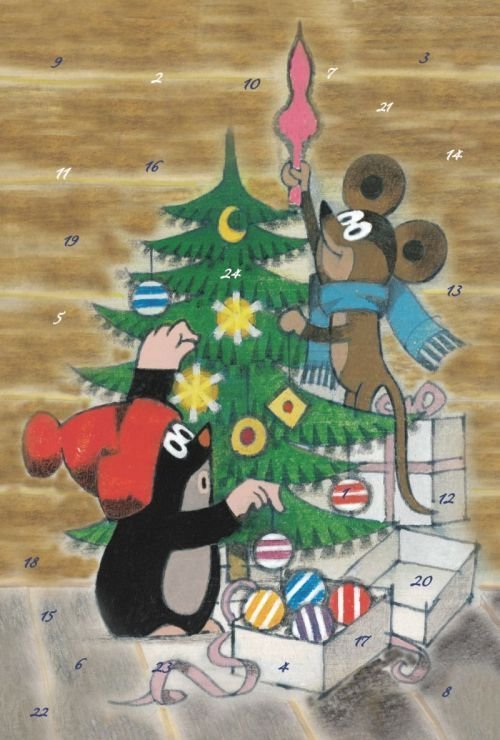 Maulwurf schmückt Weihnachtsbaum Adventskalenderkarte