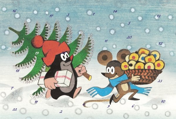 Maulwurf und Maus im Winter Adventskalenderkarte