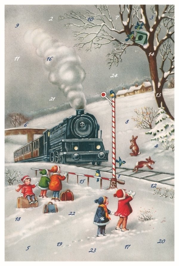 Adventskalenderkarte Dampflokomotive im Winter