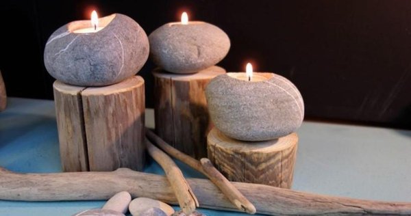 Teelichtstein aus Stein und Holz medium Lagerfeuer