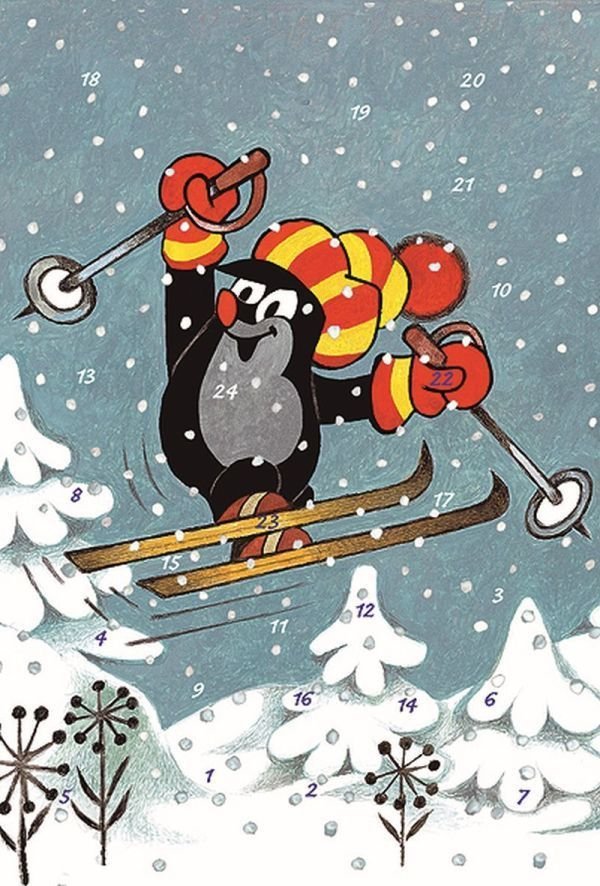Adventskalenderkarte Maulwurf fährt Ski