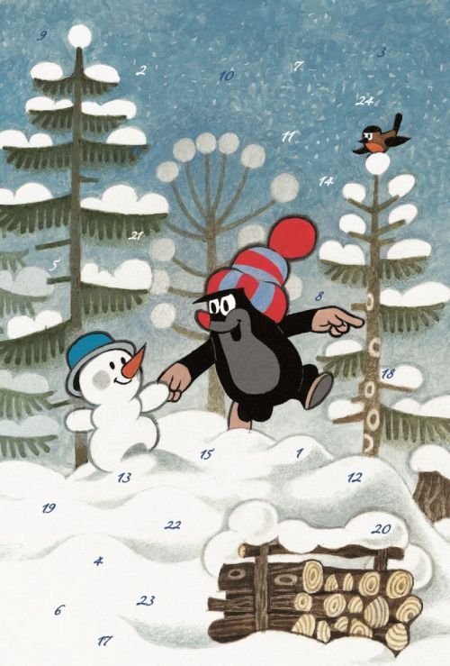 Adventskalenderkarte Maulwurf und Schneemann im Schnee