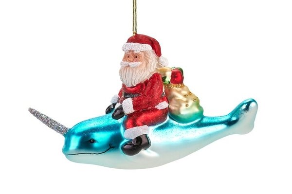 Santa auf Narwal Weihnachtsbaumfigur aus Glas blau