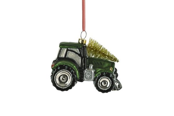 Traktor Weihnachtsbaumfigur aus Glas grün