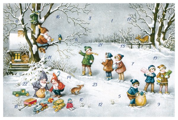Adventskalenderkarte Kinder im Schnee